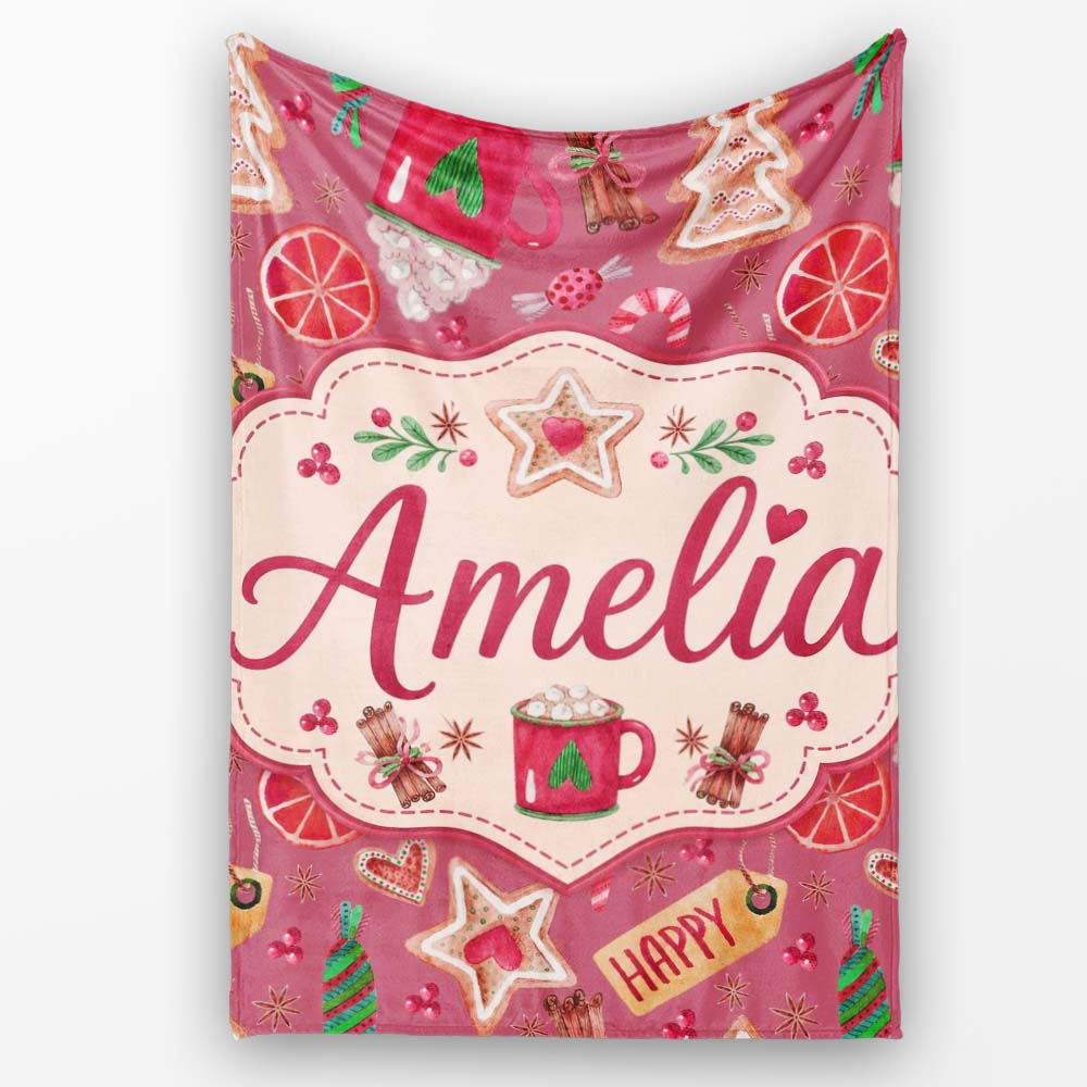 Festive Christmas Candy Cookie Orange Seamless Pattern Lovely Personalised Custom Name Super Soft Fleece Blanket Bed Sofa Throw