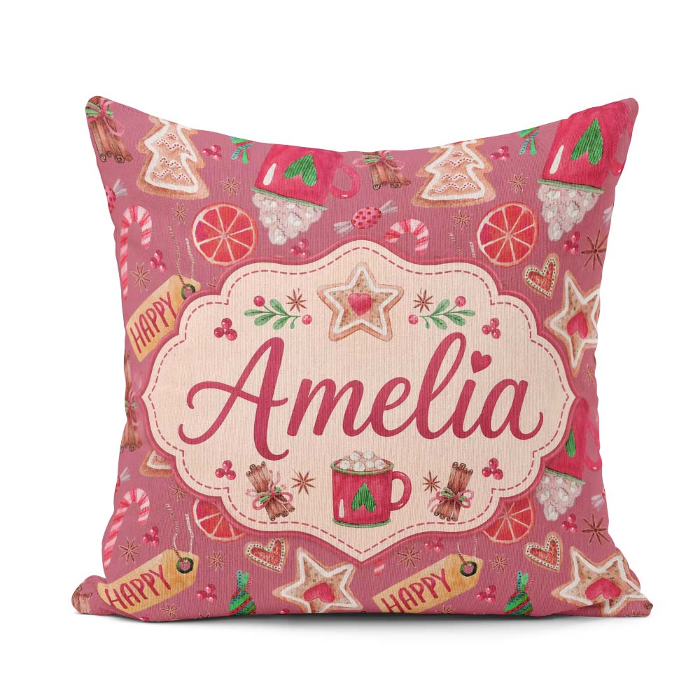Custom Name Festive Christmas Candy Cookie Orange Pattern Lovely Square Filled Cushion Throw Pillow Sofa Bed Home Decor Zip Washable UK Made