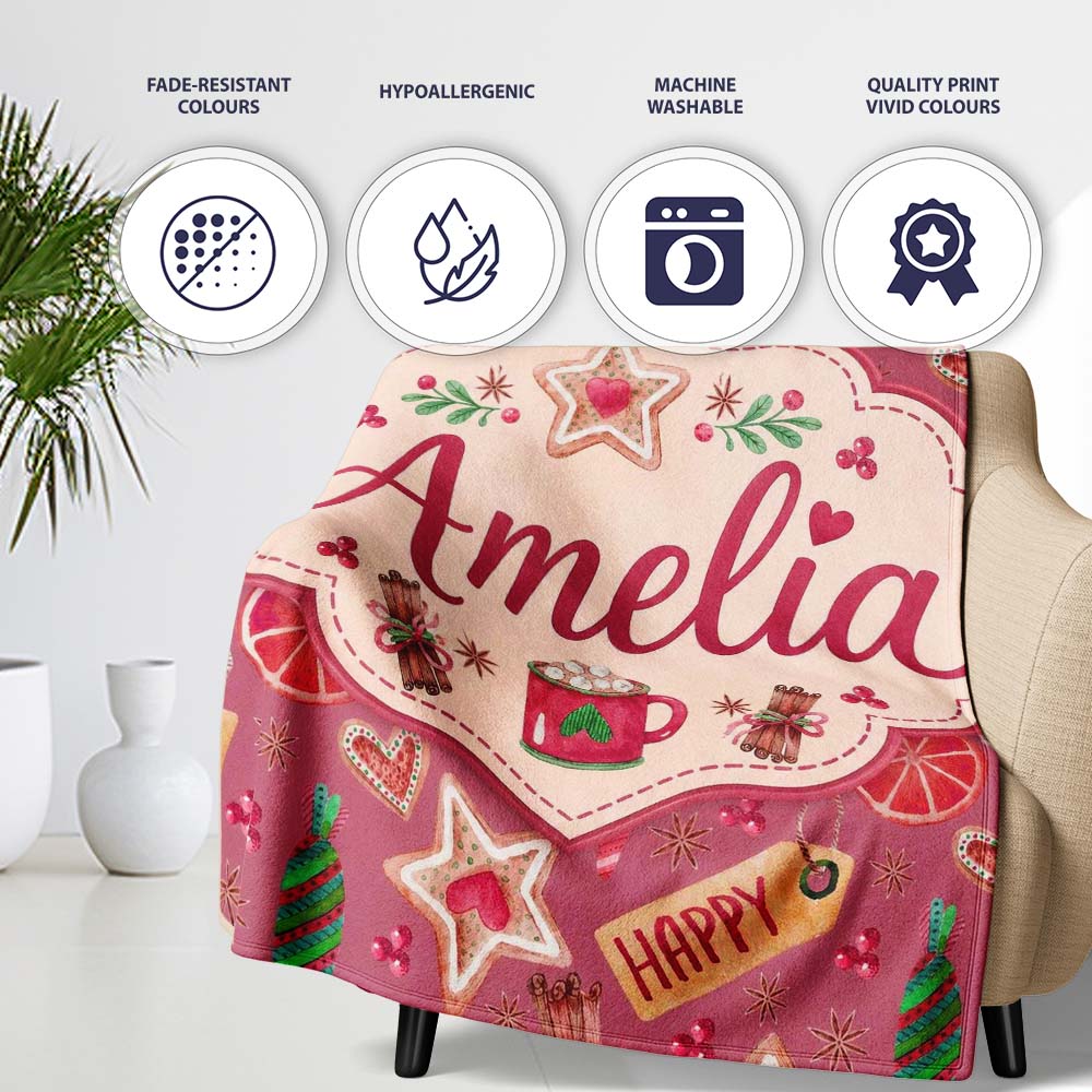 Festive Christmas Candy Cookie Orange Seamless Pattern Lovely Personalised Custom Name Super Soft Fleece Blanket Bed Sofa Throw