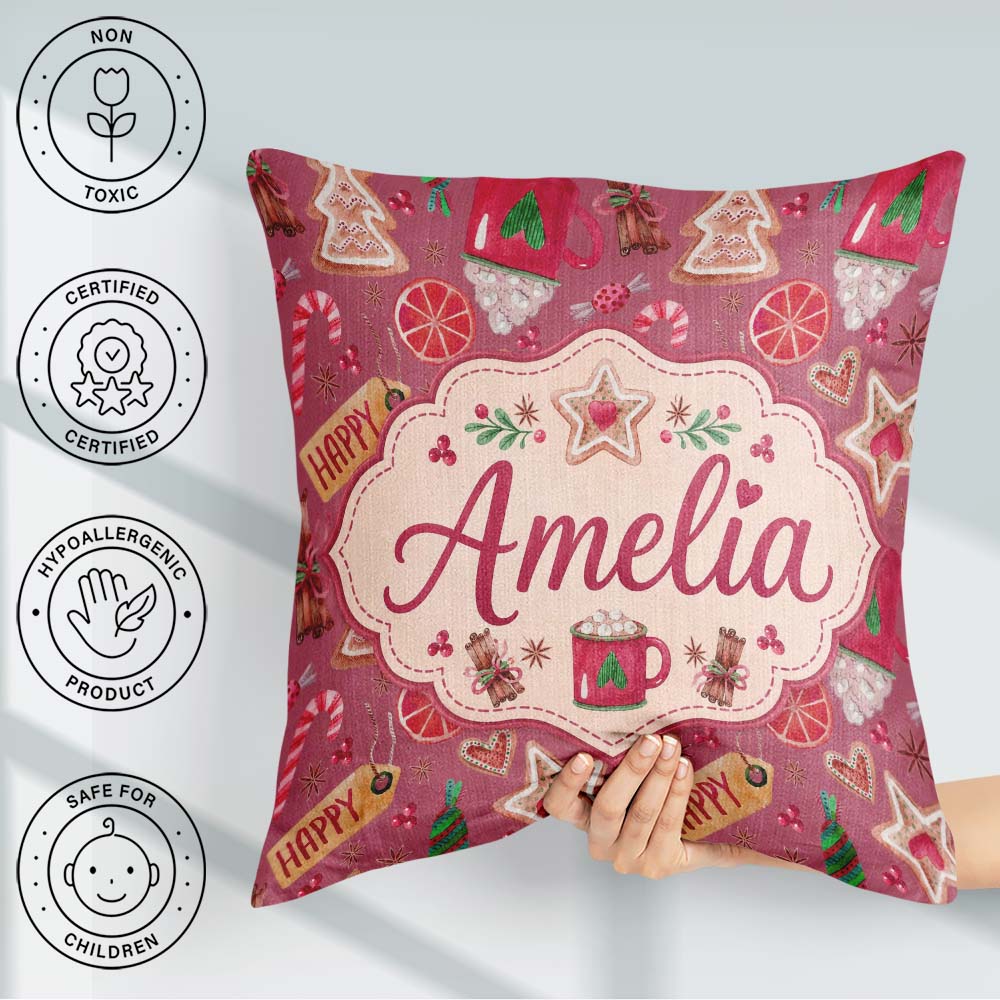 Custom Name Festive Christmas Candy Cookie Orange Pattern Lovely Square Filled Cushion Throw Pillow Sofa Bed Home Decor Zip Washable UK Made