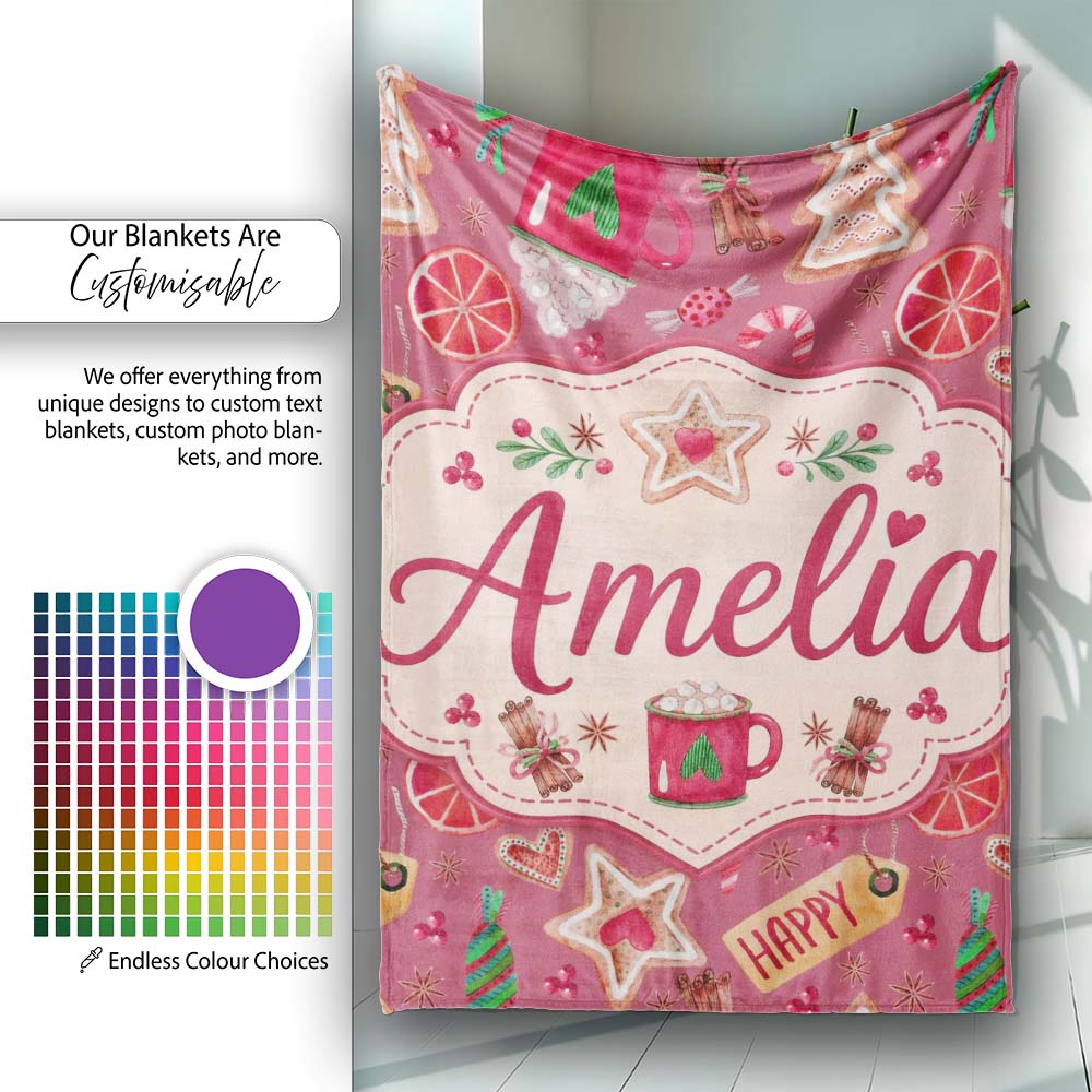 Festive Christmas Candy Cookie Orange Seamless Pattern Lovely Personalised Custom Name Super Soft Fleece Blanket Bed Sofa Throw
