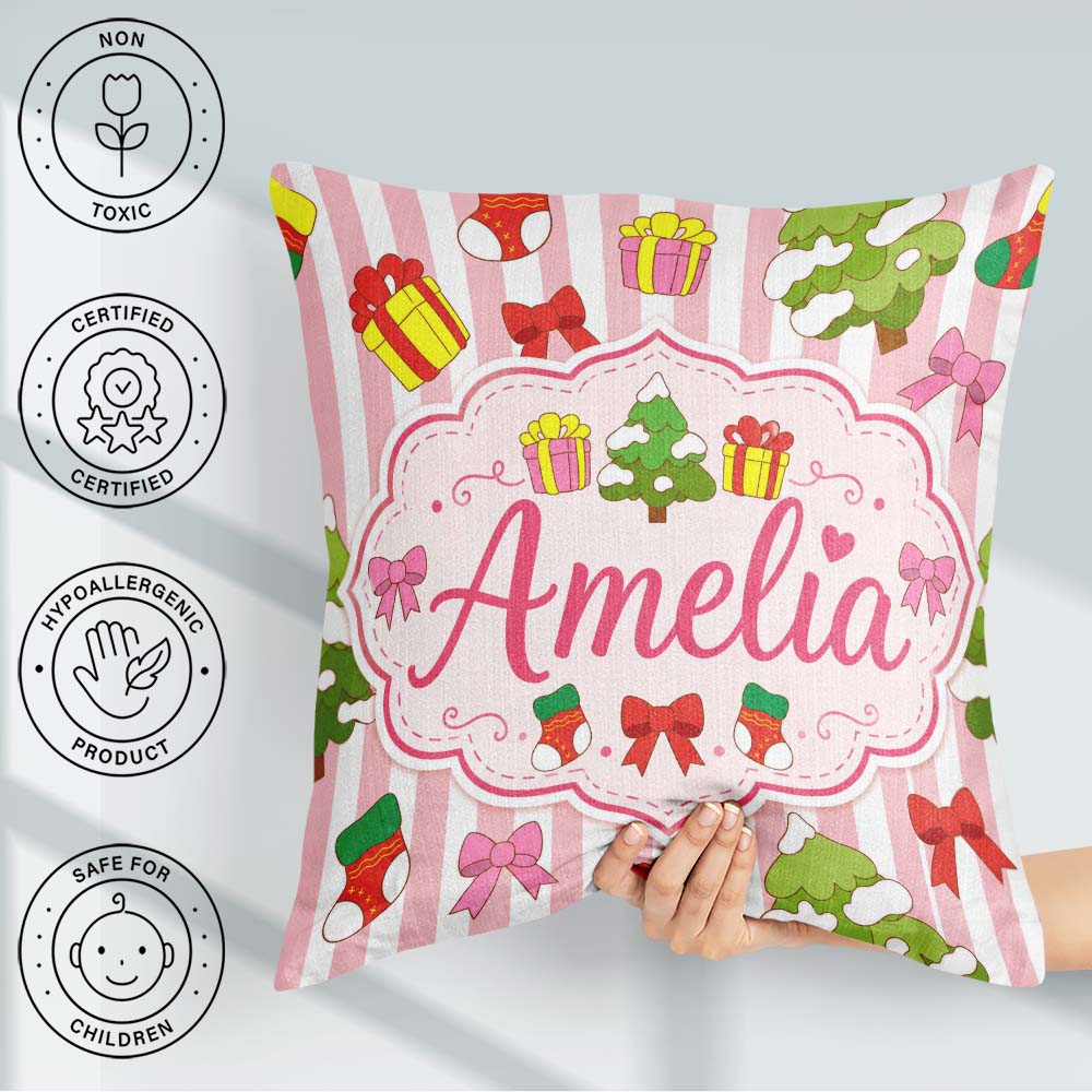 Custom Name Cute Christmas Gifts Tree Stripe Background Seamless Square Filled Cushion Throw Pillow Sofa Bed Home Decor Zip Washable UK Made