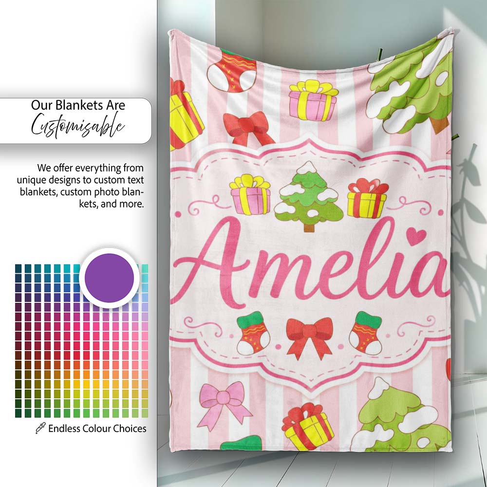 Cute Christmas Gifts Stockings Tree Stripe Background Seamless Personalised Custom Name Super Soft Fleece Blanket Bed Sofa Throw