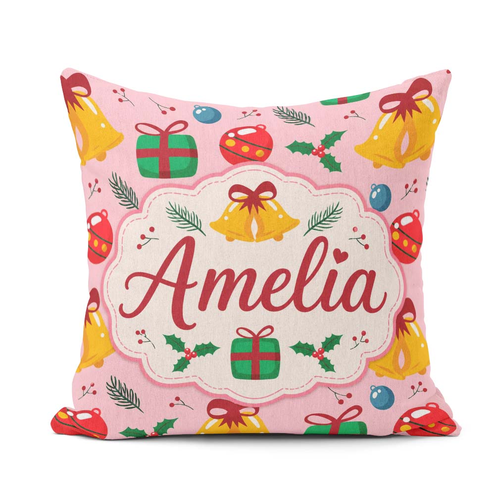Custom Name Cute Christmas Bells Baubles Holly Seamless Pattern Square Filled Cushion Throw Pillow Sofa Bed Home Decor Zip Washable UK Made