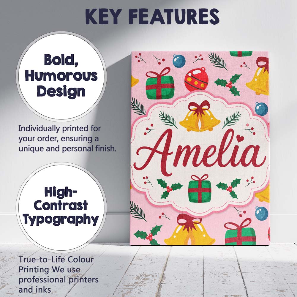 Personalised Name Cute Christmas Bells Custom Modern Room Accent Elegant Feature Canvas Wall Art Print Decor Picture Ready to Hang