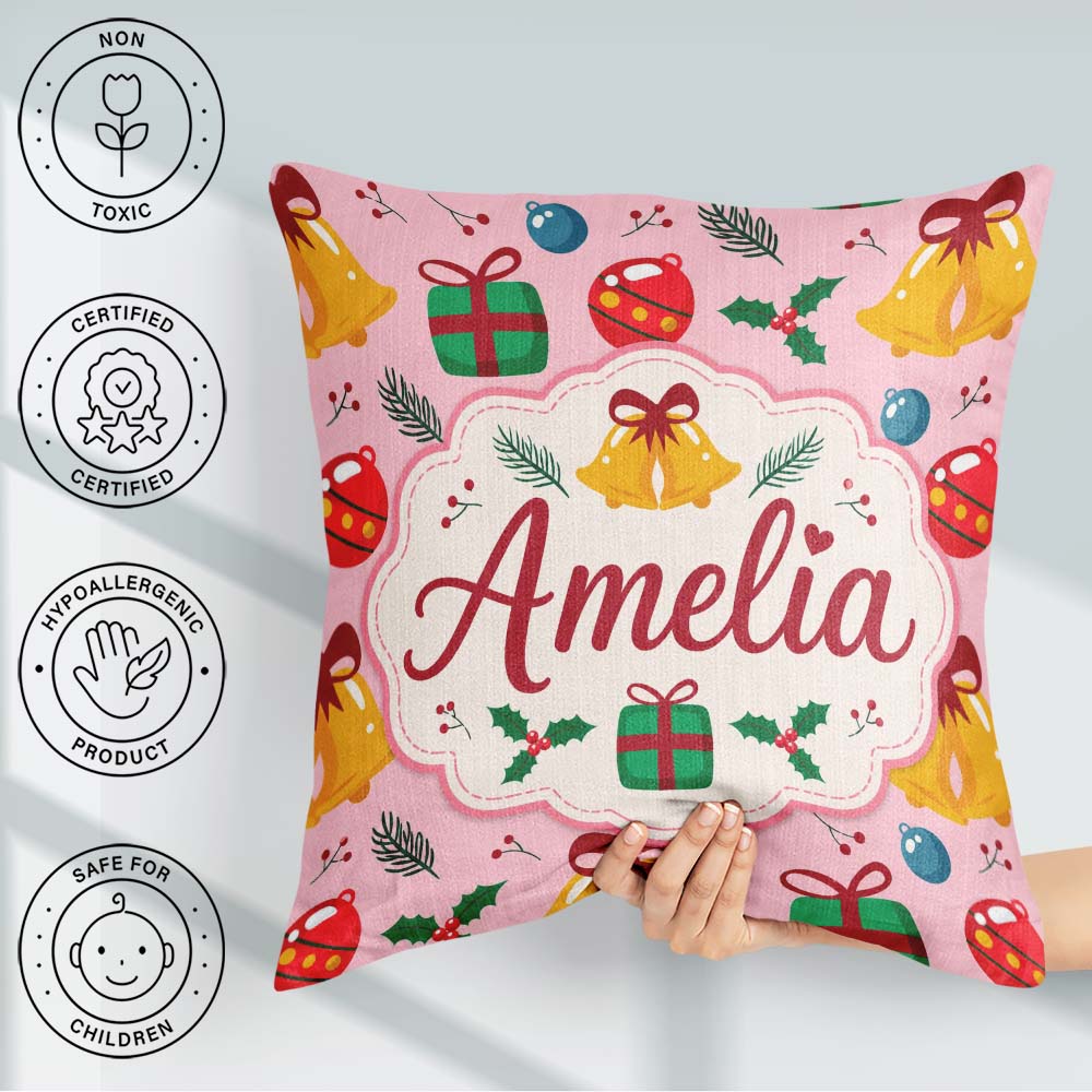 Custom Name Cute Christmas Bells Baubles Holly Seamless Pattern Square Filled Cushion Throw Pillow Sofa Bed Home Decor Zip Washable UK Made