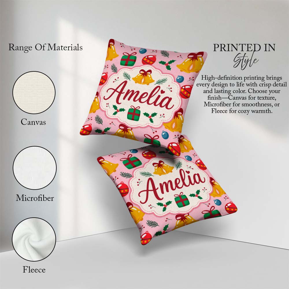 Custom Name Cute Christmas Bells Baubles Holly Seamless Pattern Square Filled Cushion Throw Pillow Sofa Bed Home Decor Zip Washable UK Made
