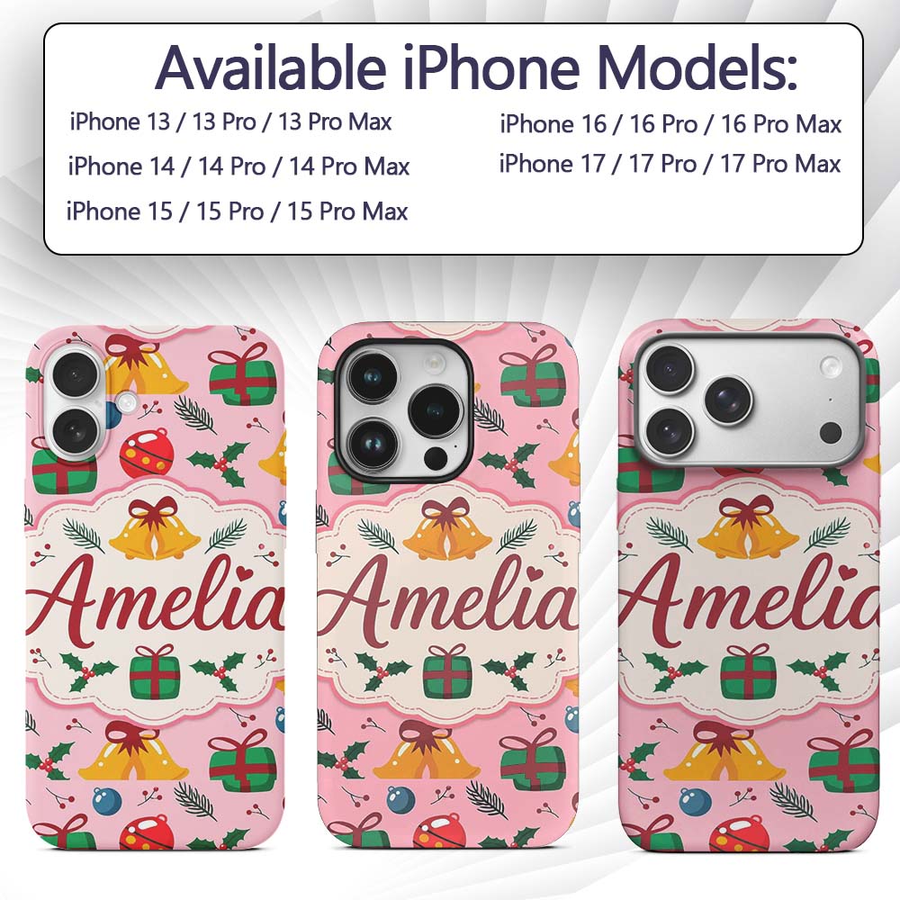 Cute Christmas Bells Baubles Holly Gift Seamless Custom Name Protective Phone Case Mobile Cover Durable Everyday Smartphone Shock Resistant