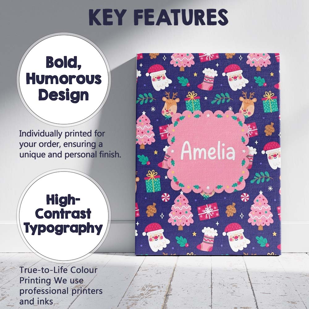 Personalised Name Cute Santa Reindeer Custom Modern Room Accent Creative Decorator Style Canvas Wall Art Print Decor Picture Ready to Hang