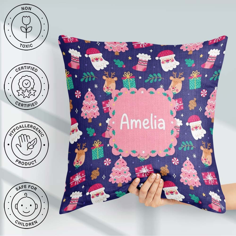 Custom Name Cute Santa Reindeer Christmas Tree Seamless Pattern Square Filled Cushion Throw Pillow Sofa Bed Home Decor Zip Washable UK Made