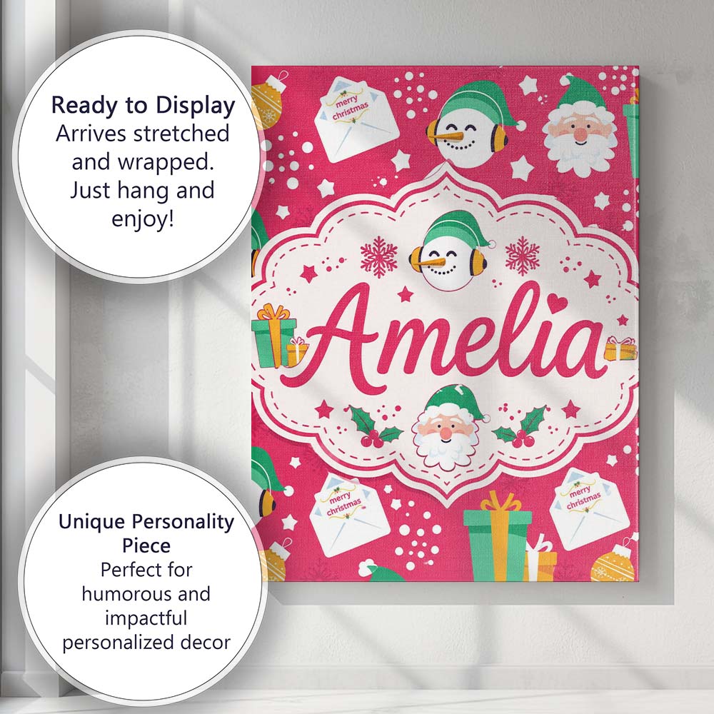 Personalised Name Cute Santa Snowman Custom Premium Decorative Design Modern Room Accent Canvas Wall Art Print Decor Picture Ready to Hang