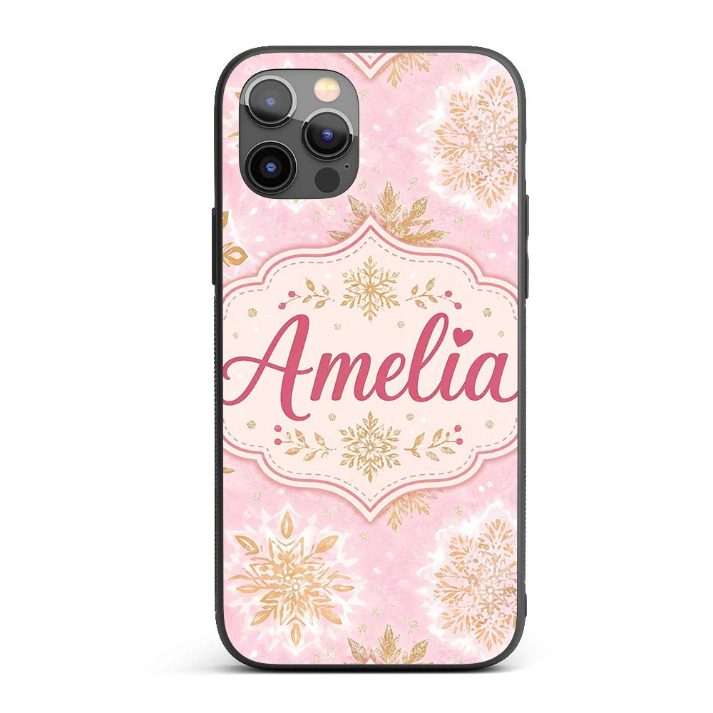 Elegant Gold Snowflake Soft Pink Seamless Pattern Custom Name Protective Phone Case Mobile Cover Durable Everyday Smartphone Shock Resistant