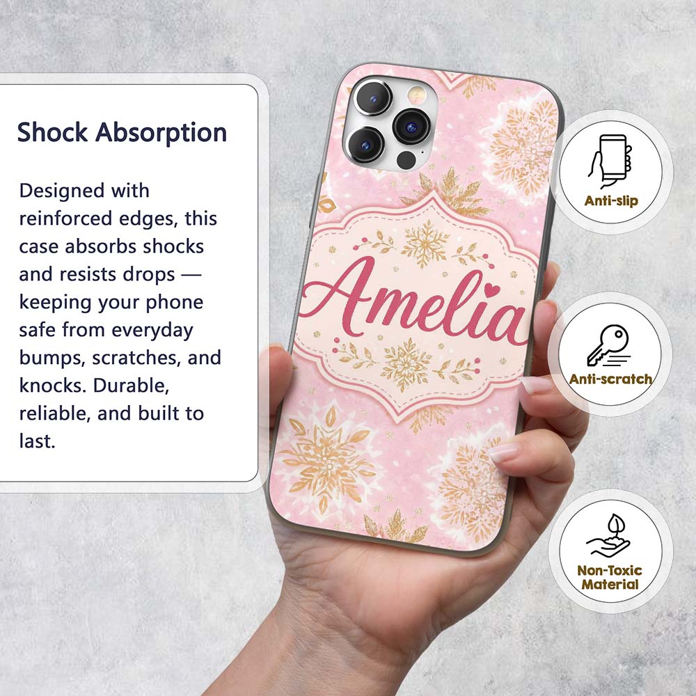 Elegant Gold Snowflake Soft Pink Seamless Pattern Custom Name Protective Phone Case Mobile Cover Durable Everyday Smartphone Shock Resistant