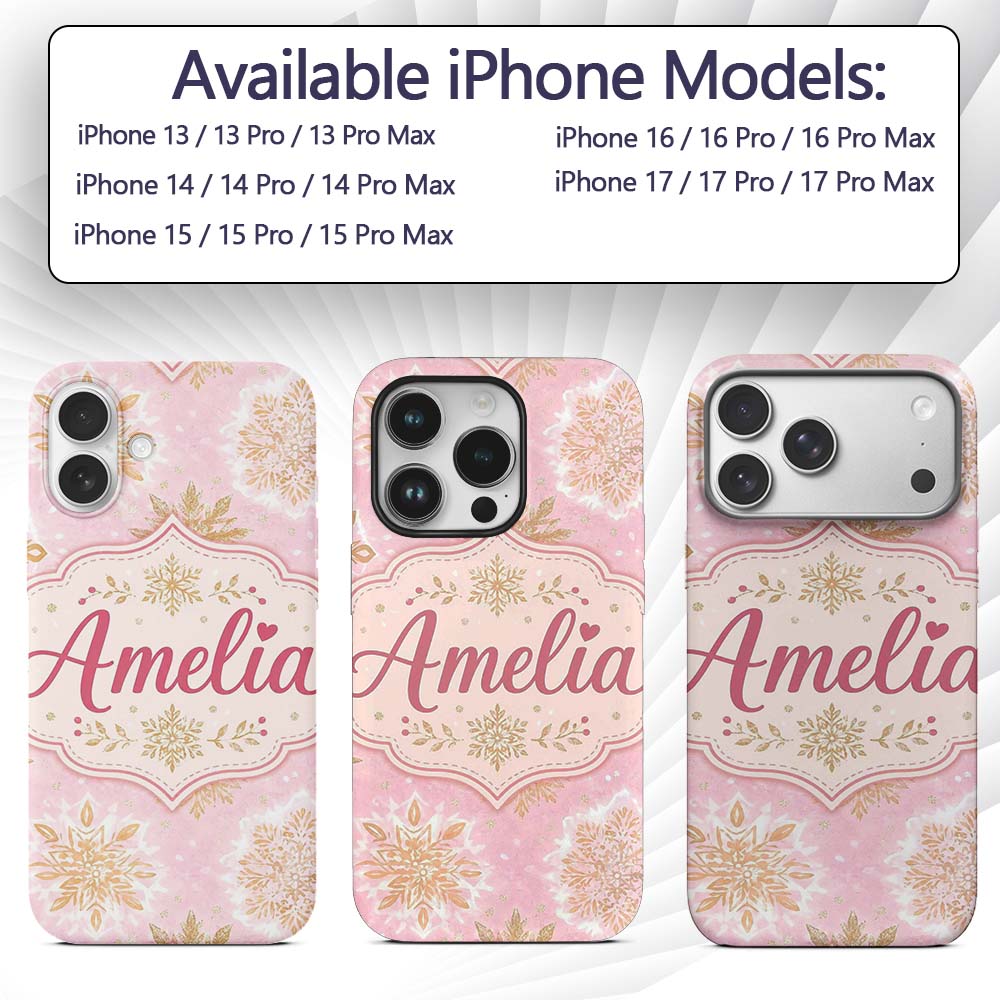 Elegant Gold Snowflake Soft Pink Seamless Pattern Custom Name Protective Phone Case Mobile Cover Durable Everyday Smartphone Shock Resistant