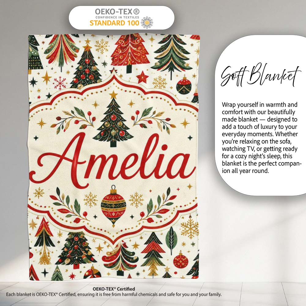 Vintage Christmas Tree Ornament Festive Seamless Pattern Lovely Personalised Custom Name Super Soft Fleece Blanket Bed Sofa Throw