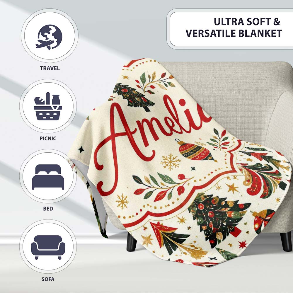 Vintage Christmas Tree Ornament Festive Seamless Pattern Lovely Personalised Custom Name Super Soft Fleece Blanket Bed Sofa Throw