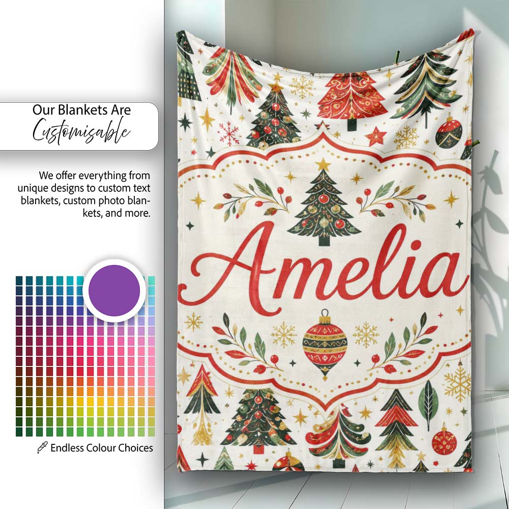 Vintage Christmas Tree Ornament Festive Seamless Pattern Lovely Personalised Custom Name Super Soft Fleece Blanket Bed Sofa Throw