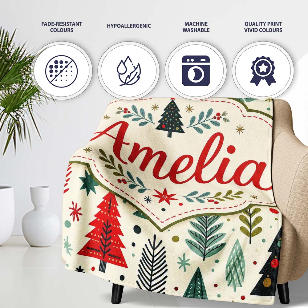 Cute Scandinavian Christmas Tree Folk Art Seamless Pattern Lovely Personalised Custom Name Super Soft Fleece Blanket Bed Sofa Throw