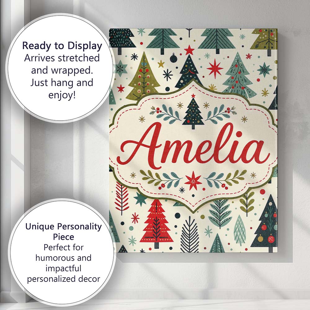 Personalised Name Cute Scandinavian Christmas Custom Unique Gift Idea Modern Room Accent Canvas Wall Art Print Decor Picture Ready to Hang