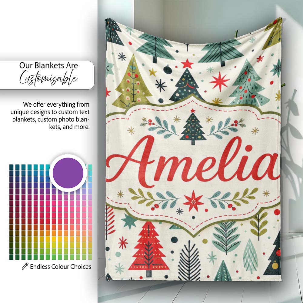 Cute Scandinavian Christmas Tree Folk Art Seamless Pattern Lovely Personalised Custom Name Super Soft Fleece Blanket Bed Sofa Throw