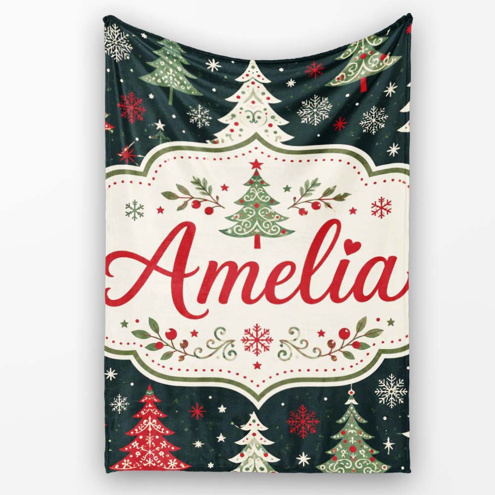 Cute Nordic Christmas Trees Snowflake Dark Background Seamless Personalised Custom Name Super Soft Fleece Blanket Bed Sofa Throw