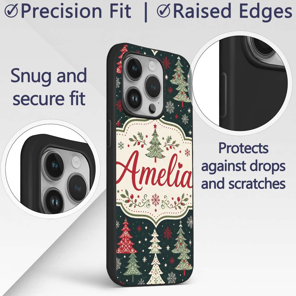 Cute Nordic Christmas Trees Decorative Design Custom Name Protective Phone Case Mobile Cover Durable Everyday Smartphone Shock Resistant