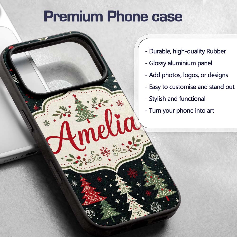 Cute Nordic Christmas Trees Decorative Design Custom Name Protective Phone Case Mobile Cover Durable Everyday Smartphone Shock Resistant