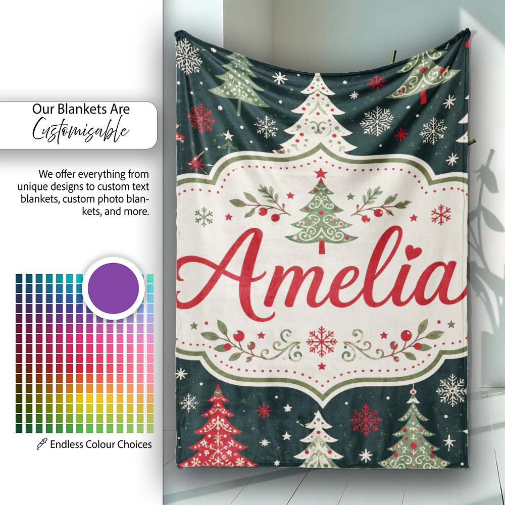 Cute Nordic Christmas Trees Snowflake Dark Background Seamless Personalised Custom Name Super Soft Fleece Blanket Bed Sofa Throw
