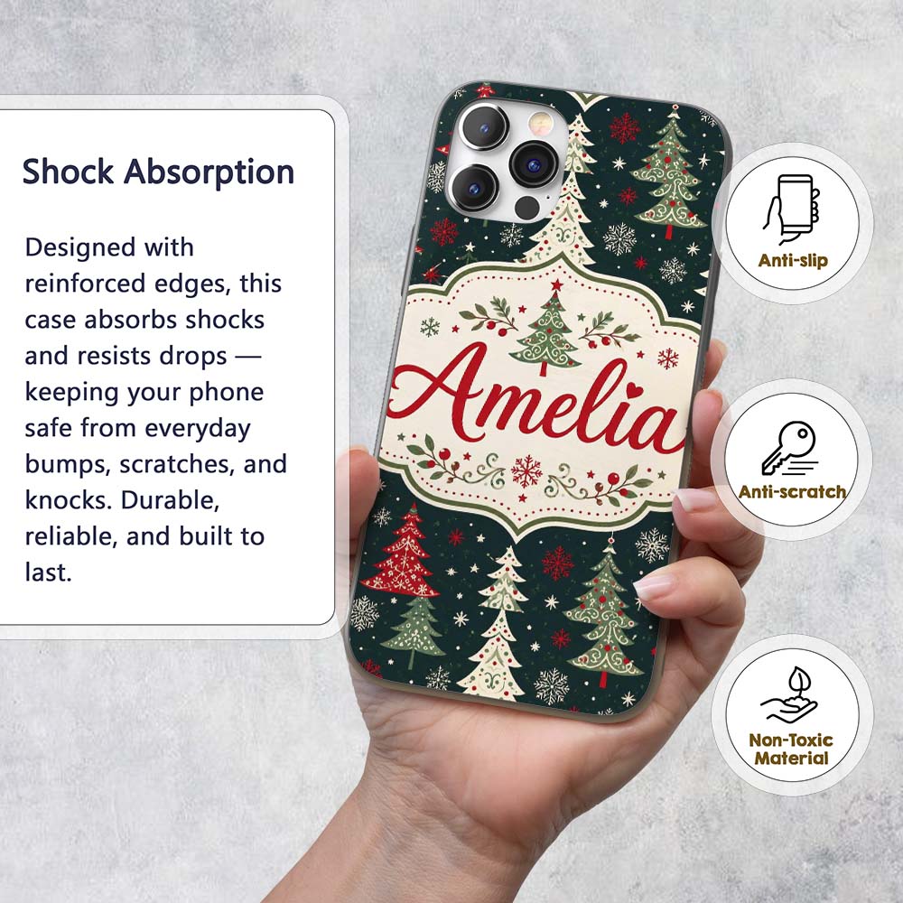 Cute Nordic Christmas Trees Decorative Design Custom Name Protective Phone Case Mobile Cover Durable Everyday Smartphone Shock Resistant
