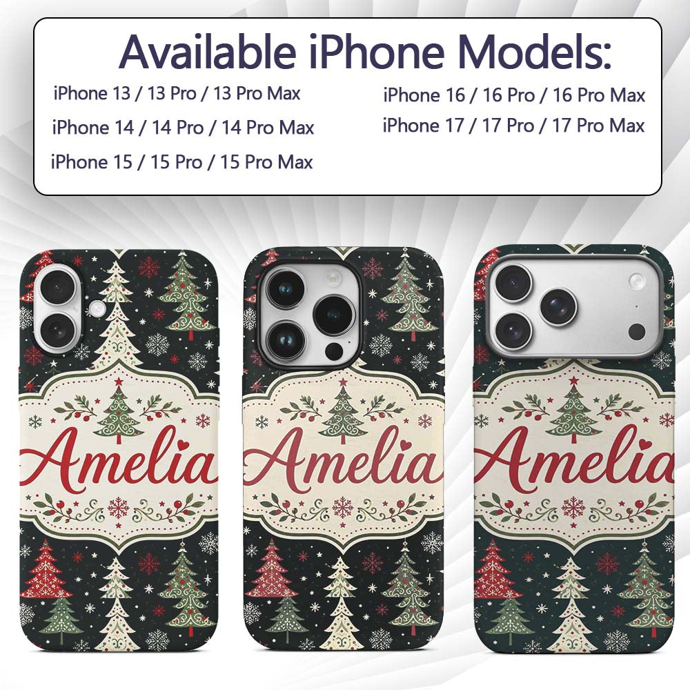 Cute Nordic Christmas Trees Decorative Design Custom Name Protective Phone Case Mobile Cover Durable Everyday Smartphone Shock Resistant