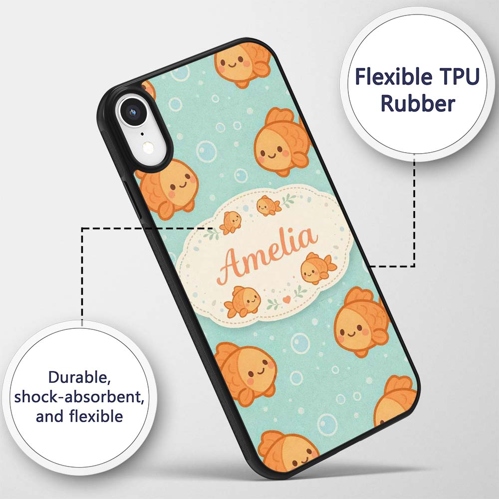 Cute Goldfish Cartoon Animal Ocean Printed Design Custom Name Protective Phone Case Mobile Cover Durable Everyday Smartphone Shock Resistant