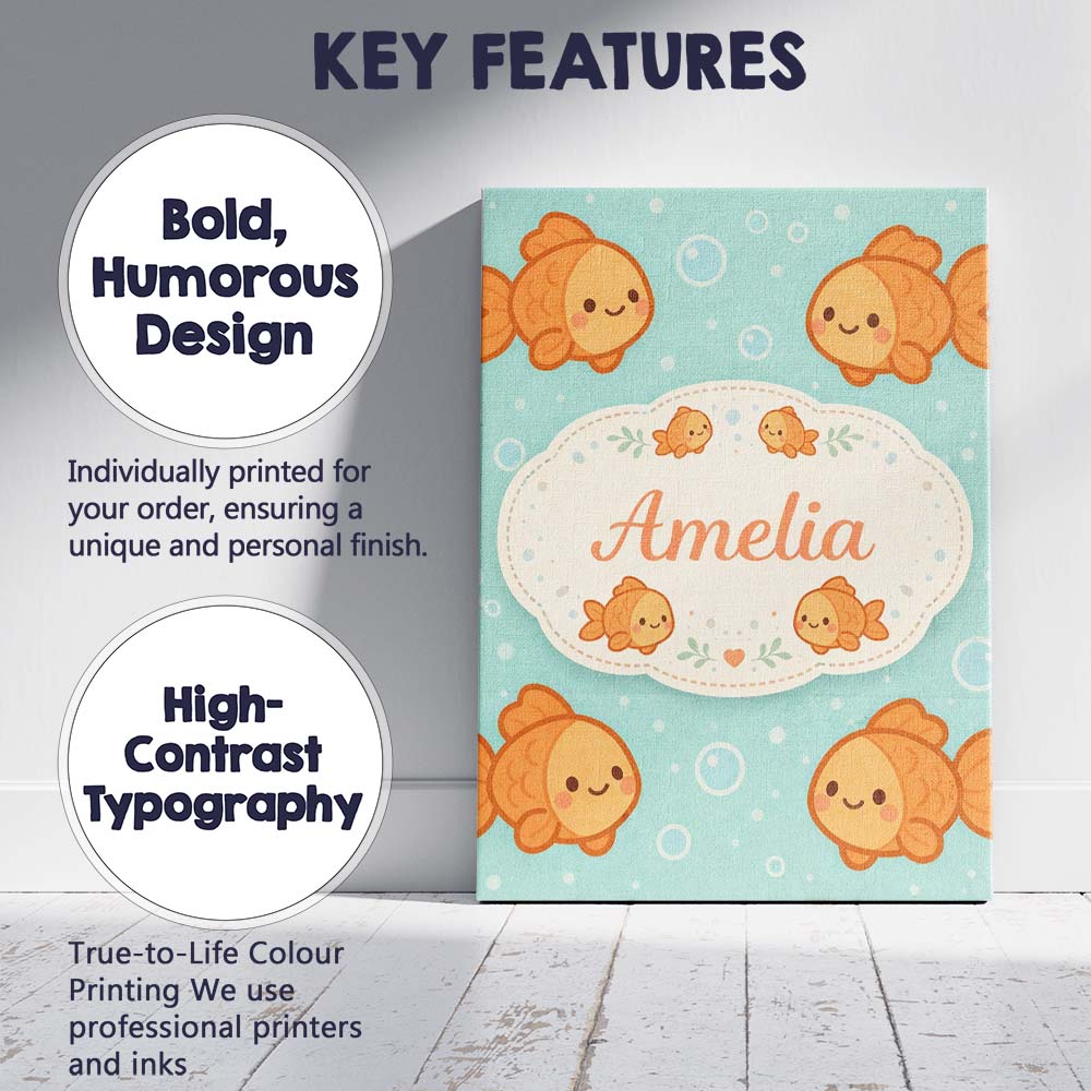 Personalised Name Cute Goldfish Cartoon Animal Ocean Pattern Beautiful Custom Decorative Canvas Wall Art Print Decor Picture Ready to Hang