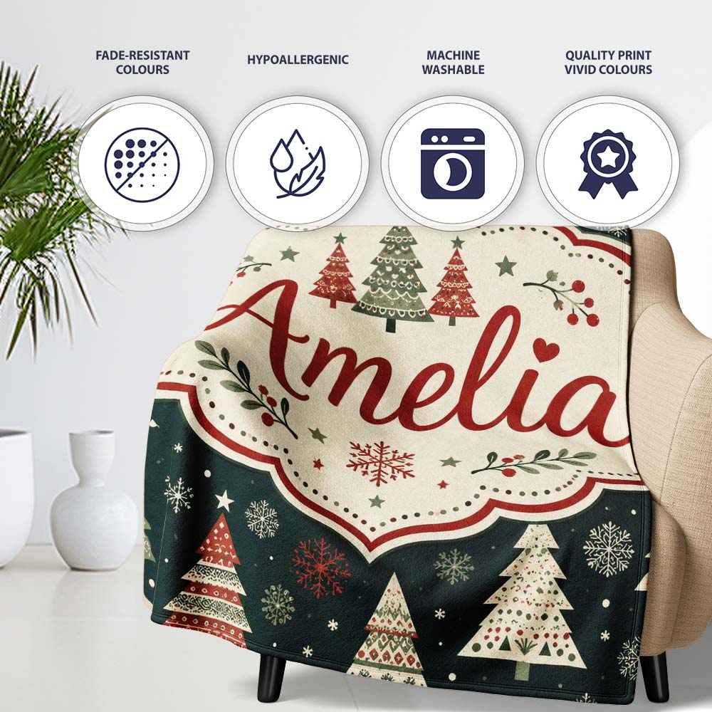 Cute Festive Christmas Trees Snowflake Night Seamless Pattern Lovely Personalised Custom Name Super Soft Fleece Blanket Bed Sofa Throw
