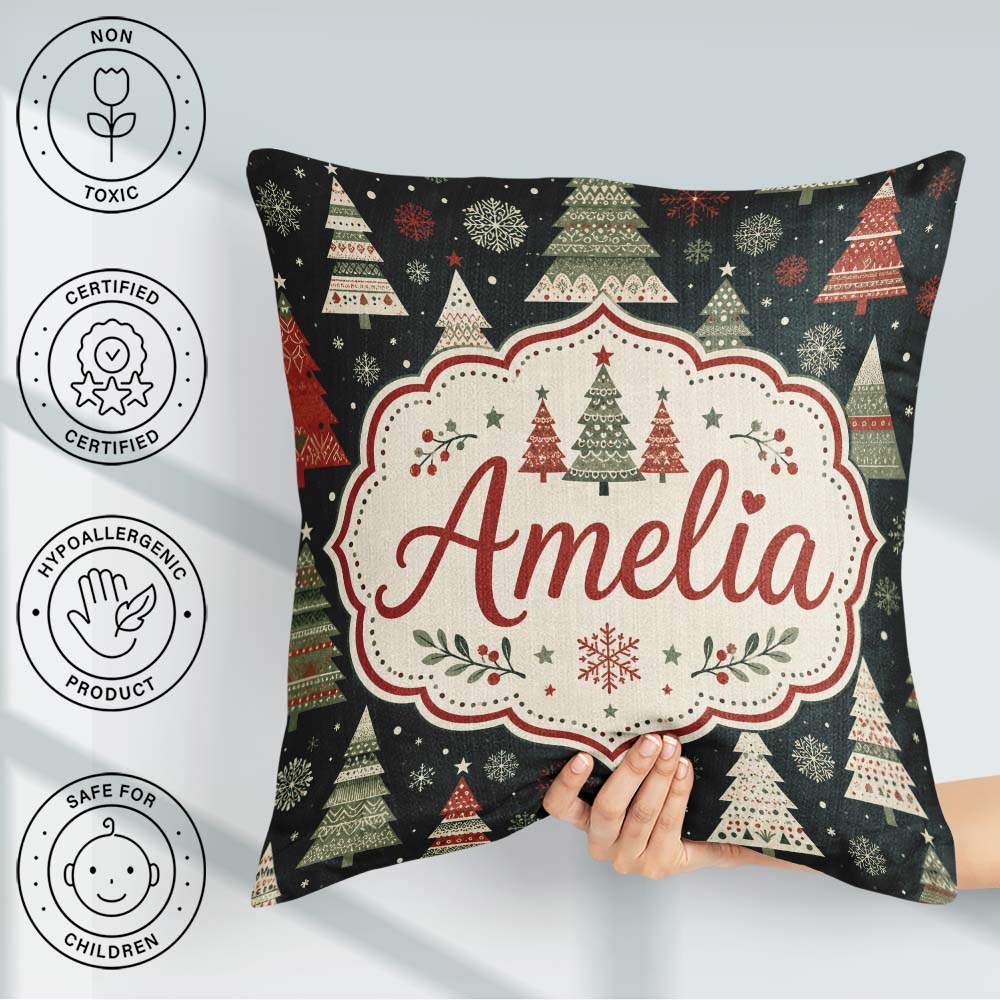 Custom Name Cute Festive Christmas Trees Snowflake Night Pattern Square Filled Cushion Throw Pillow Sofa Bed Home Decor Zip Washable UK Made
