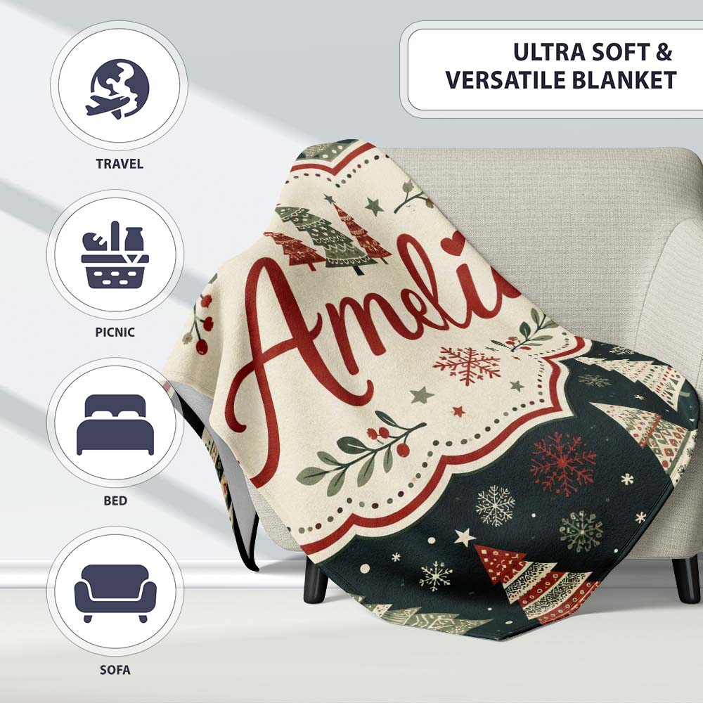 Cute Festive Christmas Trees Snowflake Night Seamless Pattern Lovely Personalised Custom Name Super Soft Fleece Blanket Bed Sofa Throw