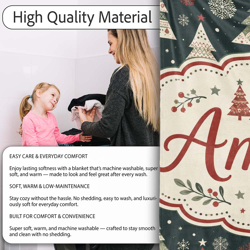 Cute Festive Christmas Trees Snowflake Night Seamless Pattern Lovely Personalised Custom Name Super Soft Fleece Blanket Bed Sofa Throw