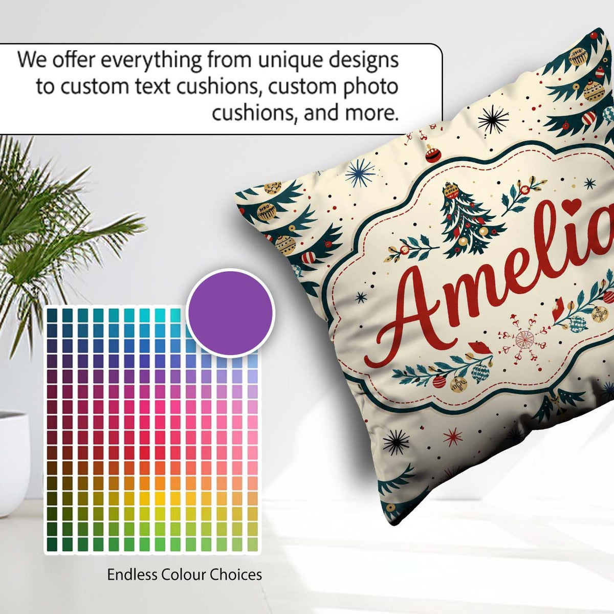 Custom Name Christmas Tree Ornament Starburst Seamless Pattern Square Filled Cushion Throw Pillow Sofa Bed Home Decor Zip Washable UK Made