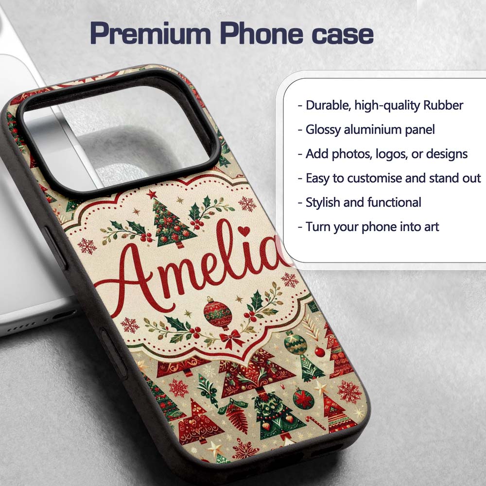 Vintage Christmas Tree Ornament Printed Design Custom Name Protective Phone Case Mobile Cover Durable Everyday Smartphone Shock Resistant