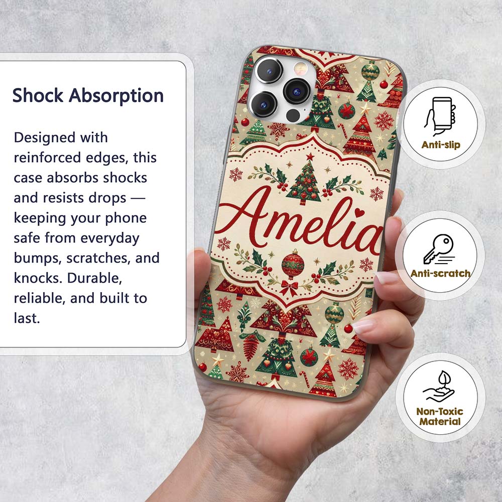 Vintage Christmas Tree Ornament Printed Design Custom Name Protective Phone Case Mobile Cover Durable Everyday Smartphone Shock Resistant
