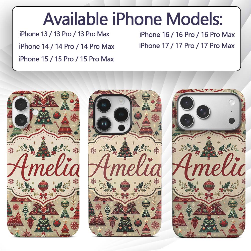 Vintage Christmas Tree Ornament Printed Design Custom Name Protective Phone Case Mobile Cover Durable Everyday Smartphone Shock Resistant