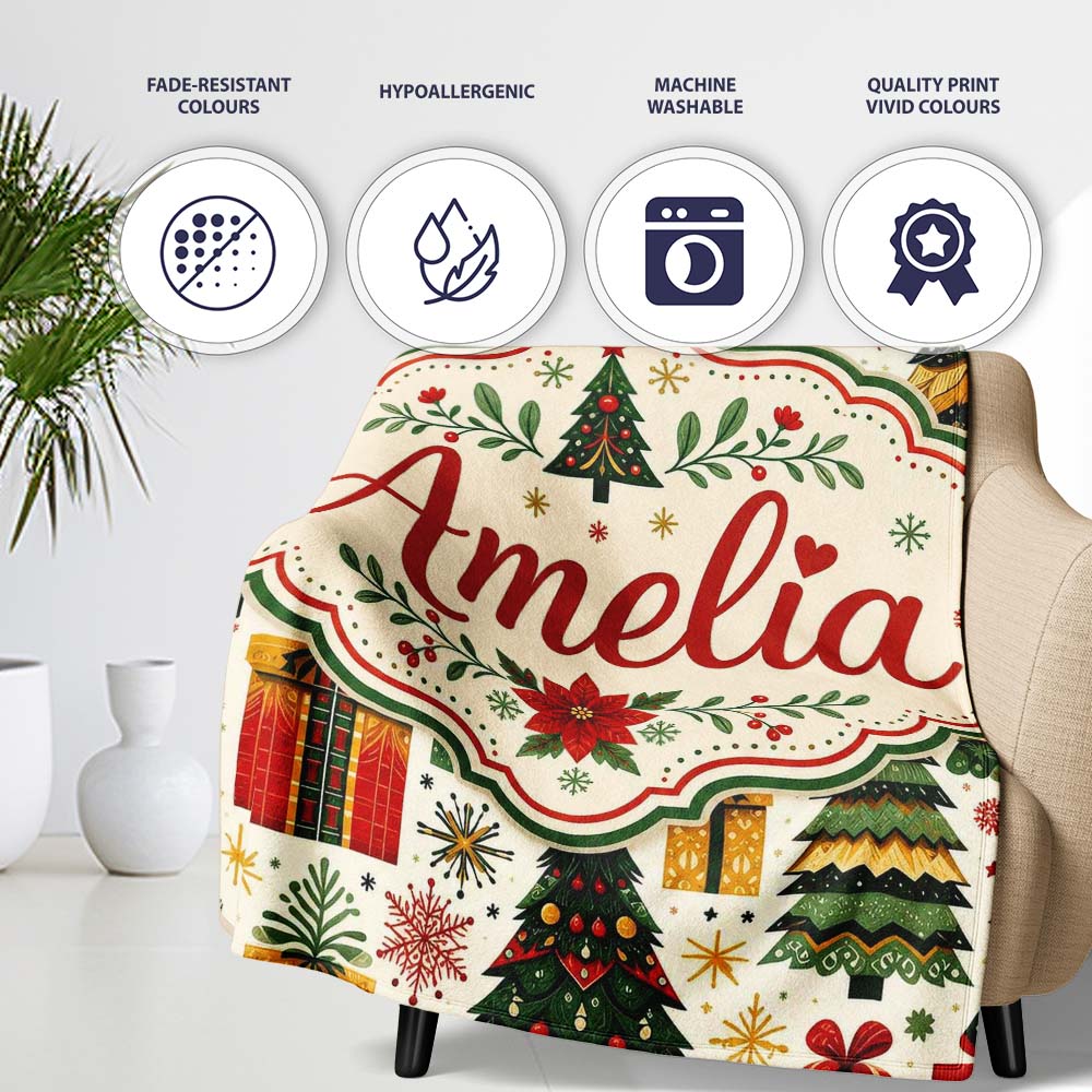 Cute Christmas Tree Gift Holiday Festive Seamless Pattern Lovely Personalised Custom Name Super Soft Fleece Blanket Bed Sofa Throw