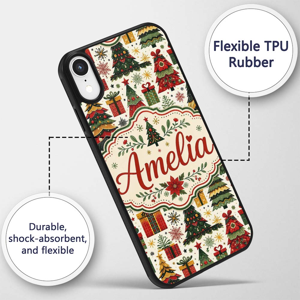 Cute Christmas Tree Gift Holiday Festive Seamless Custom Name Protective Phone Case Mobile Cover Durable Everyday Smartphone Shock Resistant