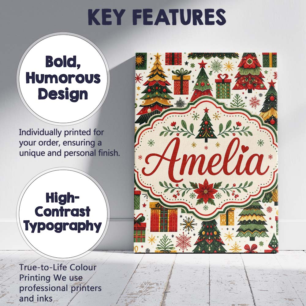 Personalised Name Cute Christmas Tree Custom Unique Gift Idea Modern Room Accent Canvas Wall Art Print Decor Picture Ready to Hang