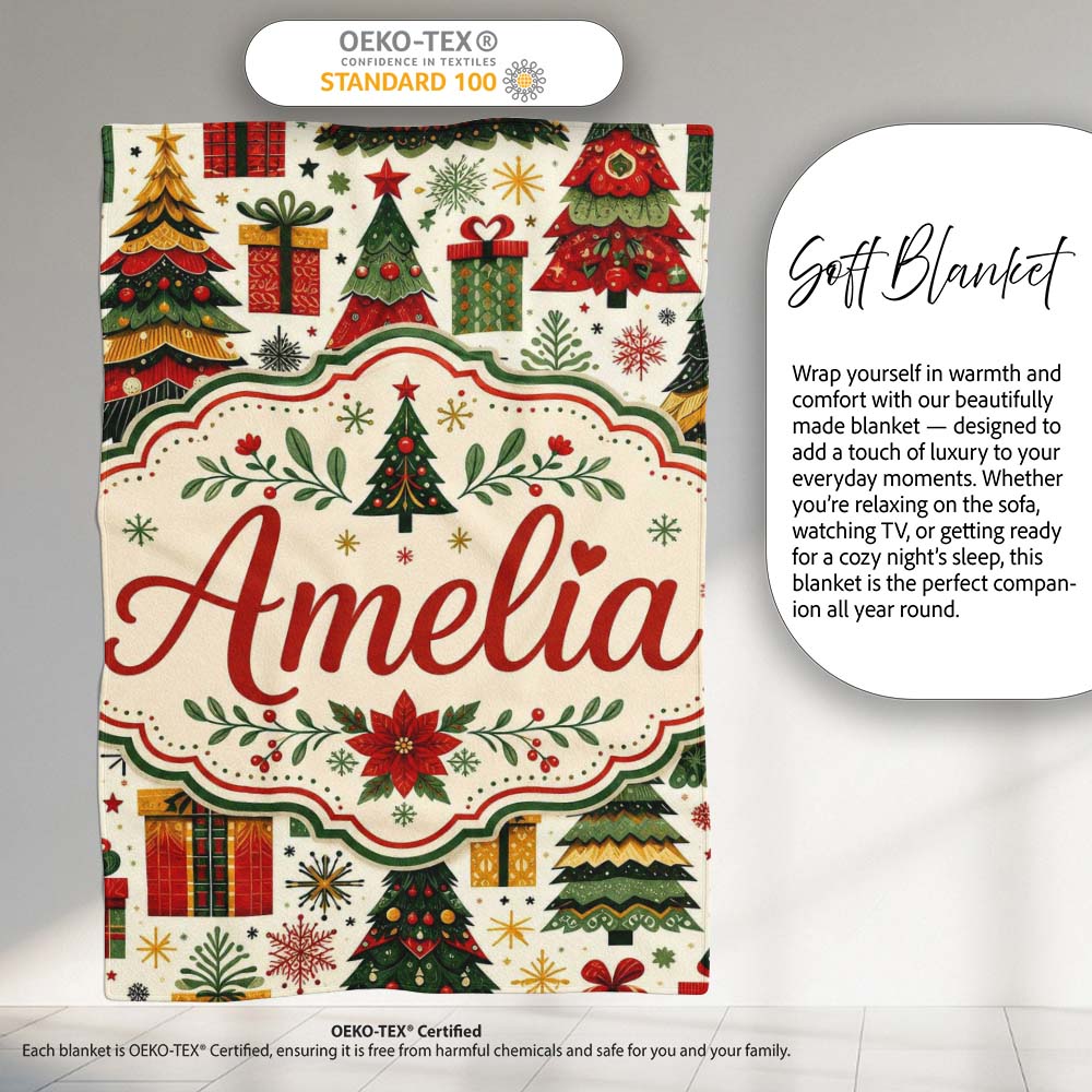 Cute Christmas Tree Gift Holiday Festive Seamless Pattern Lovely Personalised Custom Name Super Soft Fleece Blanket Bed Sofa Throw