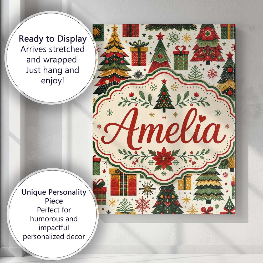 Personalised Name Cute Christmas Tree Custom Unique Gift Idea Modern Room Accent Canvas Wall Art Print Decor Picture Ready to Hang