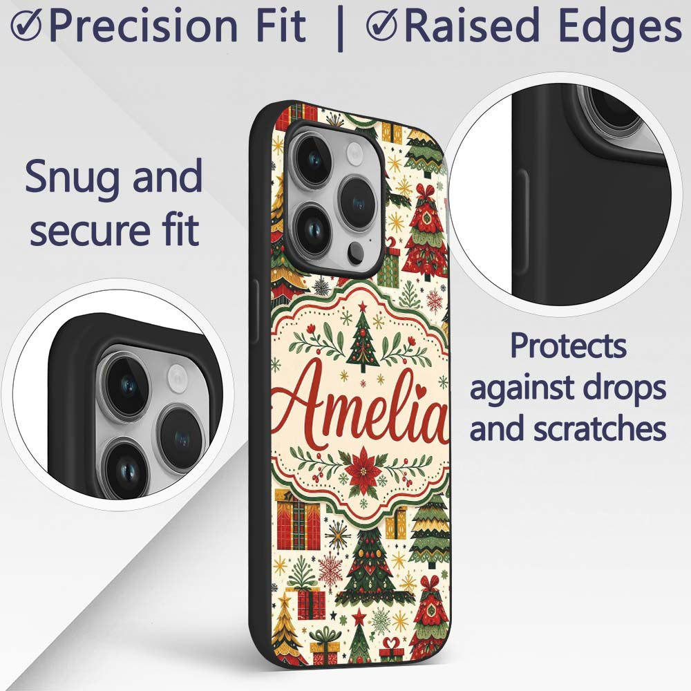 Cute Christmas Tree Gift Holiday Festive Seamless Custom Name Protective Phone Case Mobile Cover Durable Everyday Smartphone Shock Resistant