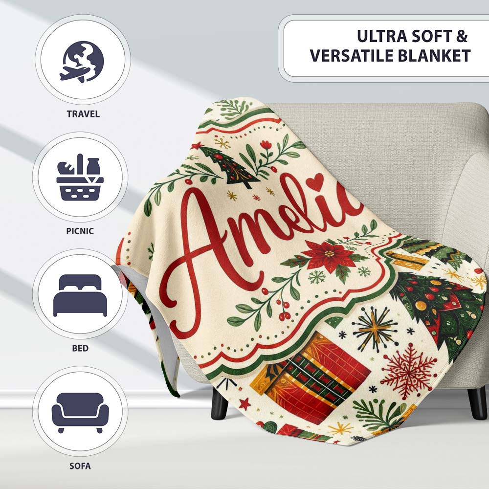 Cute Christmas Tree Gift Holiday Festive Seamless Pattern Lovely Personalised Custom Name Super Soft Fleece Blanket Bed Sofa Throw