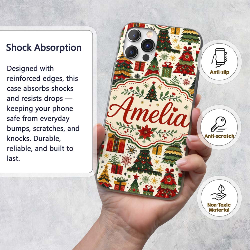 Cute Christmas Tree Gift Holiday Festive Seamless Custom Name Protective Phone Case Mobile Cover Durable Everyday Smartphone Shock Resistant