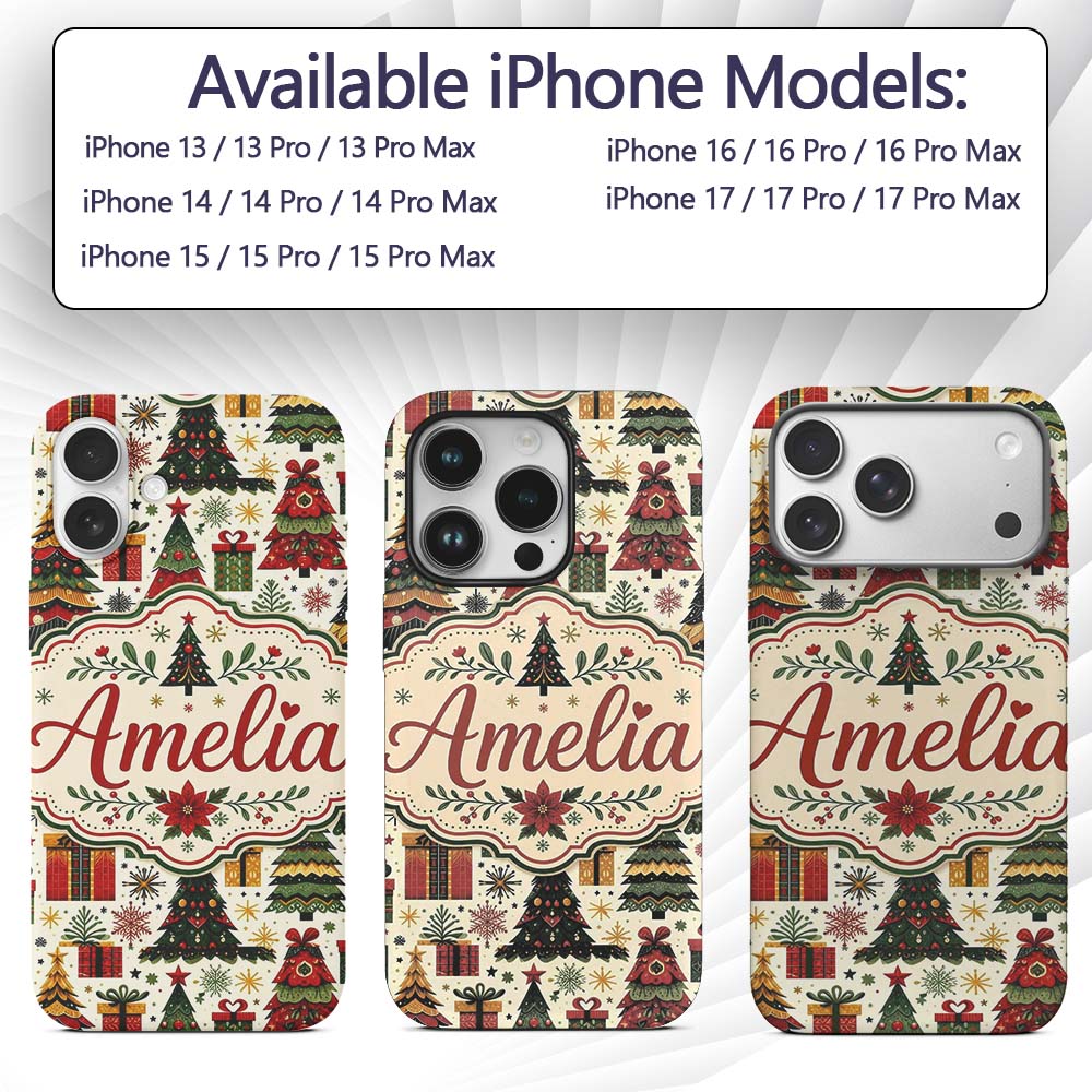 Cute Christmas Tree Gift Holiday Festive Seamless Custom Name Protective Phone Case Mobile Cover Durable Everyday Smartphone Shock Resistant