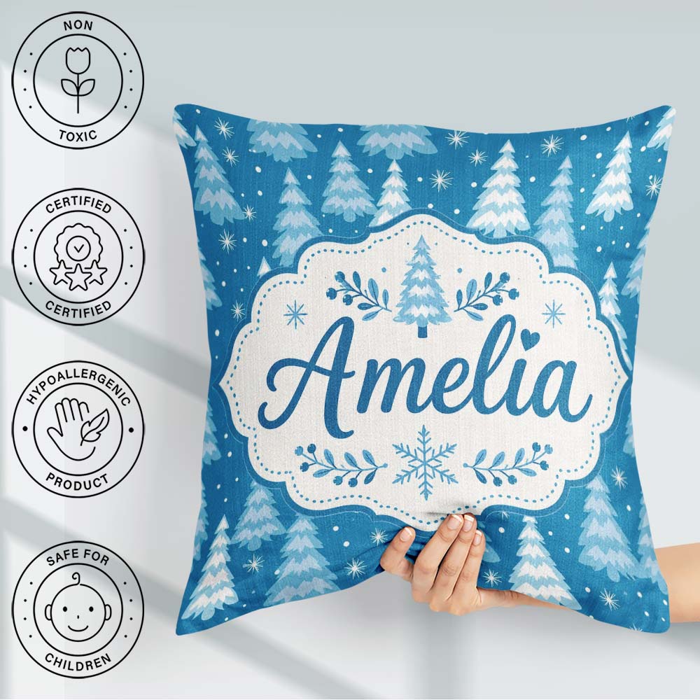 Custom Name Snowy Winter Pine Trees with Falling Snowflakes Blue Square Filled Cushion Throw Pillow Sofa Bed Home Decor Zip Washable UK Made